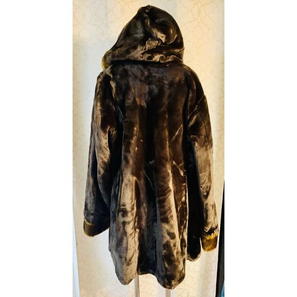Dennis Basso Reversible Faux Fur Coat Women’s 2X Brown Hooded Long Jacket NWT - Picture 2 of 7